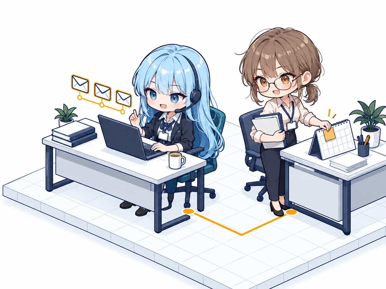 AI スタッフがメールと予定を進める様子（イラスト）
